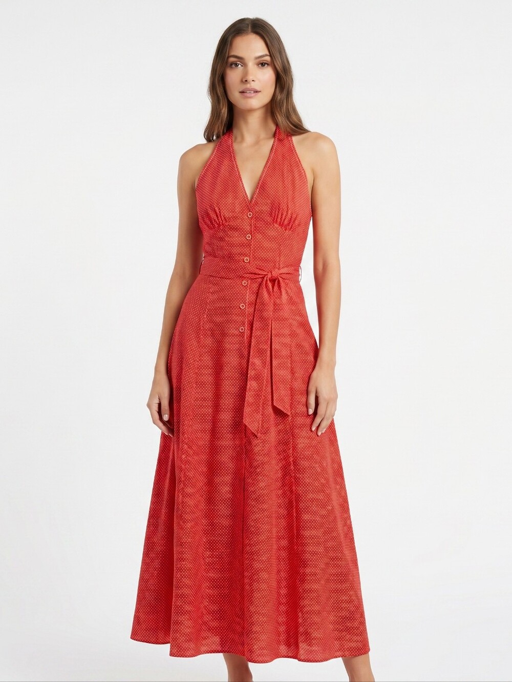 Vintage 70s Eve Le Cog Red Polka Dot Halter Maxi Dress